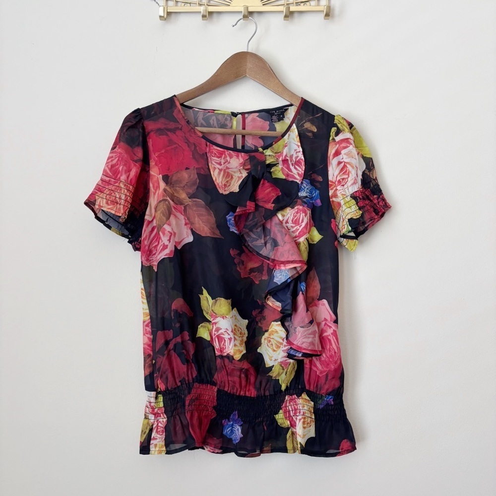 Ted Baker Black Floral Smocked Peplum Janni Blouse Sz 2 US 6 Spring Luxe